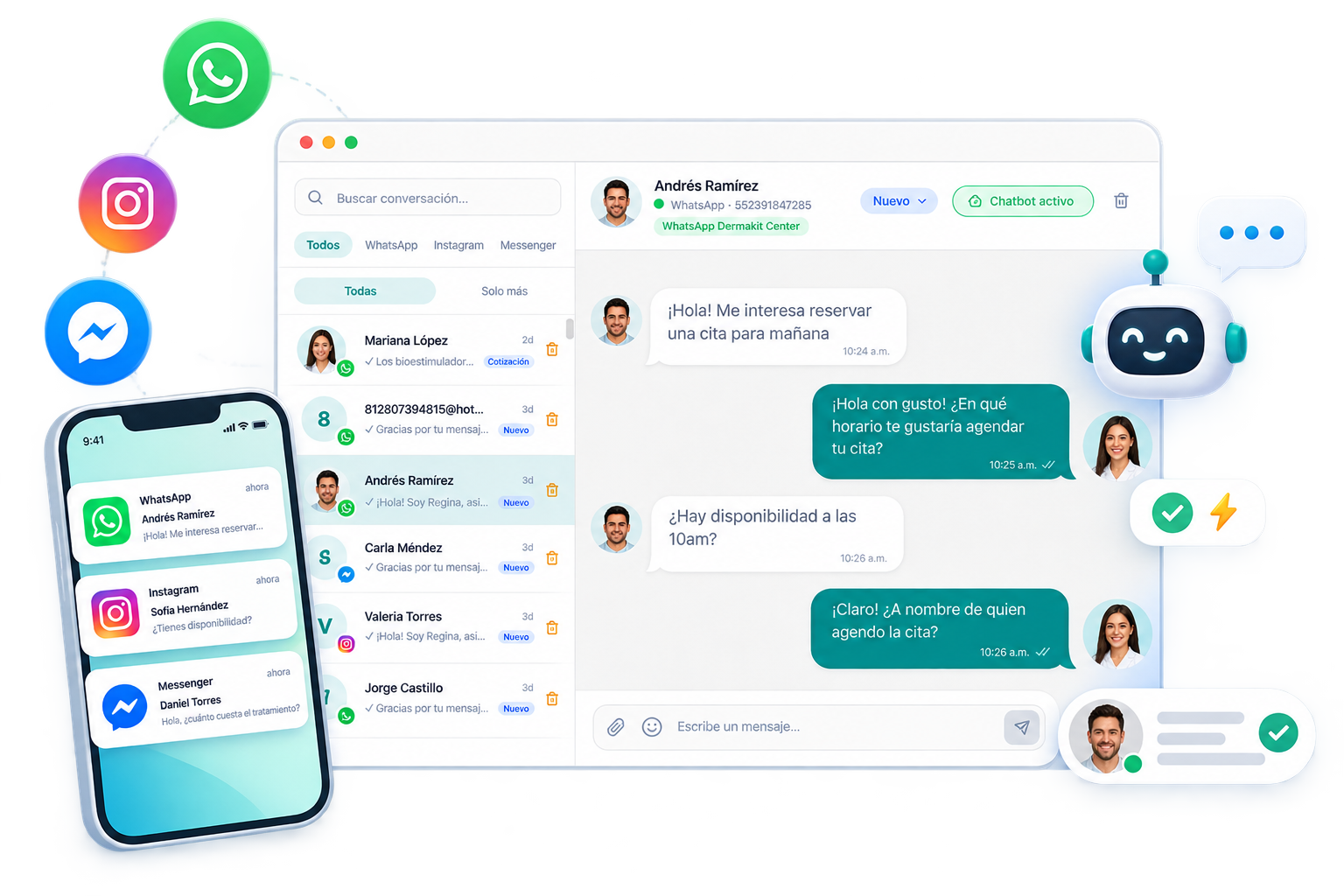 Bandeja de entrada unificada de Collie Suite con conversaciones de WhatsApp, Instagram y Messenger